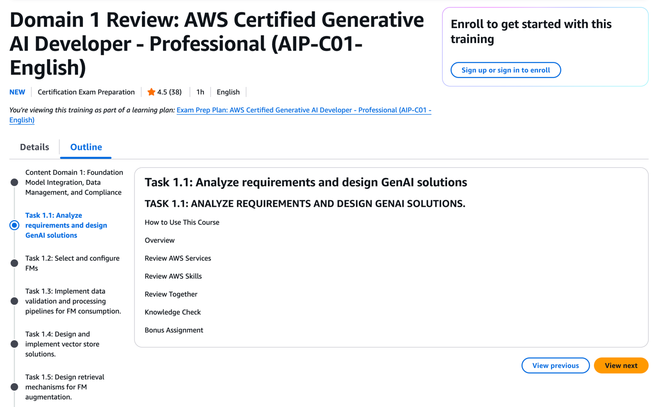 A screenshot of the AWS Skill Builder prep course for AIP-C01
