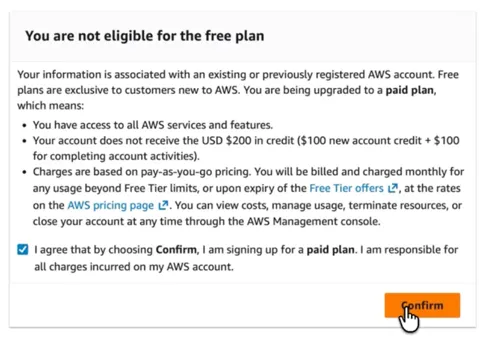 A screenshot of AWS informing a customer they are not eligible for a Free-plan AWS account