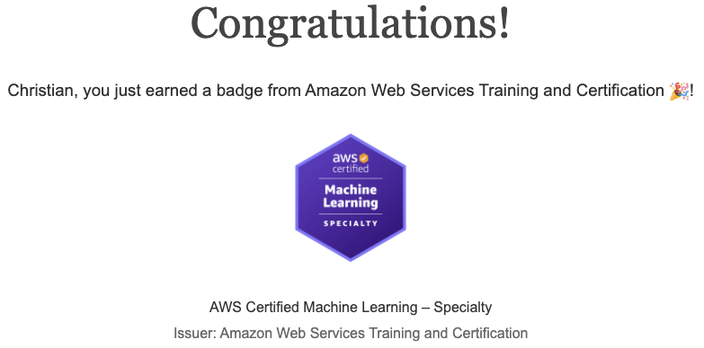 The email I received from Credly with my AWS ML Specialty badge