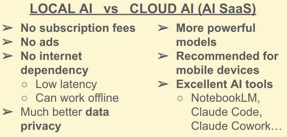 Chart summarizing pros/cons/tradeoffs between local AI and cloud/SaaS AI