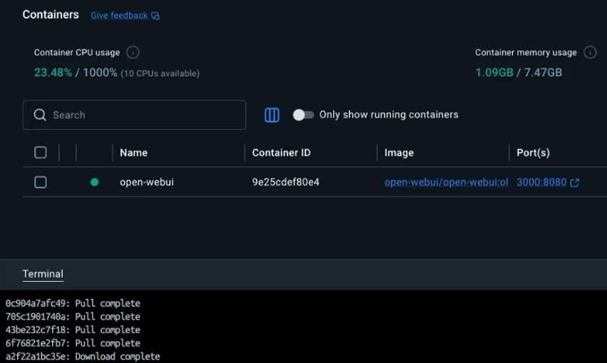 Screenshot of Docker Desktop with running container of Open WebUI
