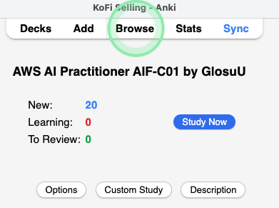 Screenshot of the home page of an Anki deck, with the Browse button highlighted