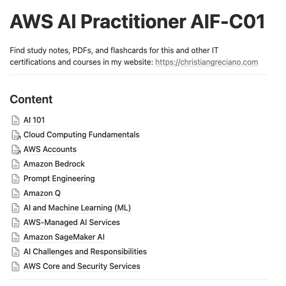 Screenshot of the table of contents of my AWS AI Practitioner study notes