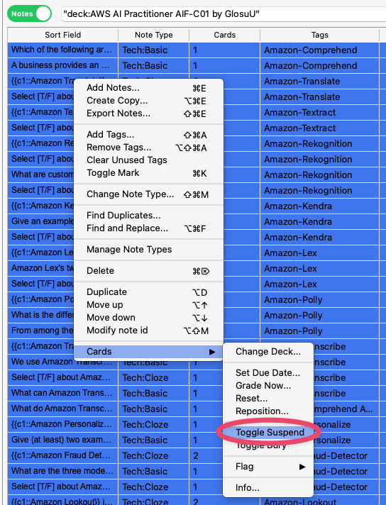 Toggling suspend on Anki cards