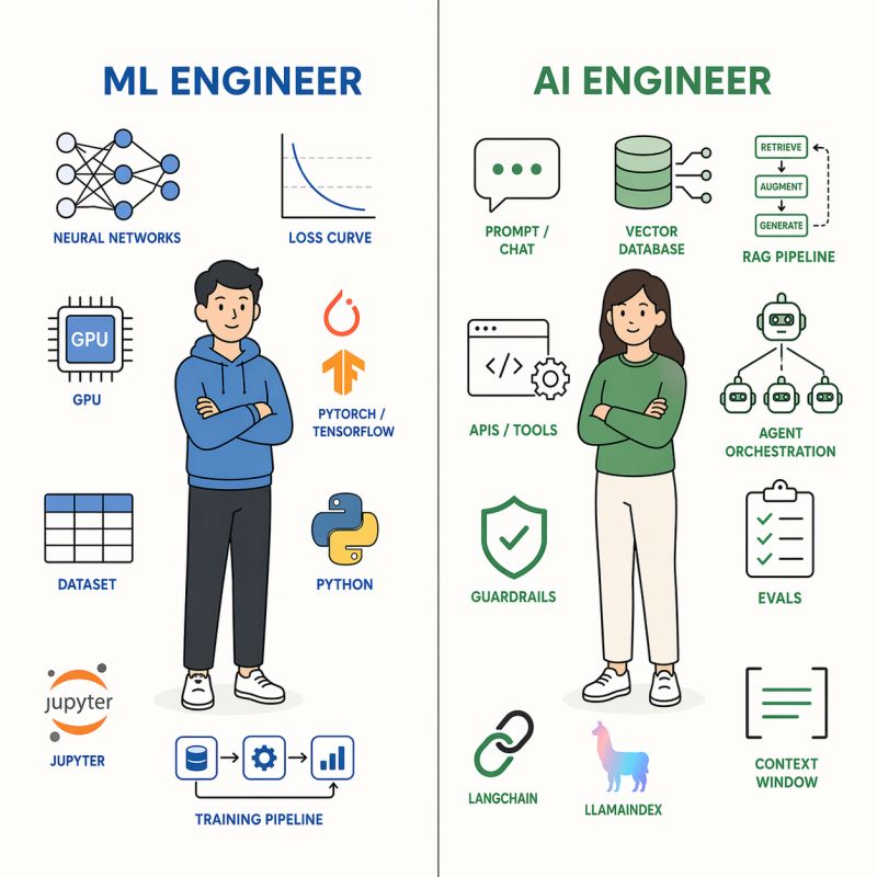 The different tools and domains for an ML engineer (left) and an AI engineer (right)