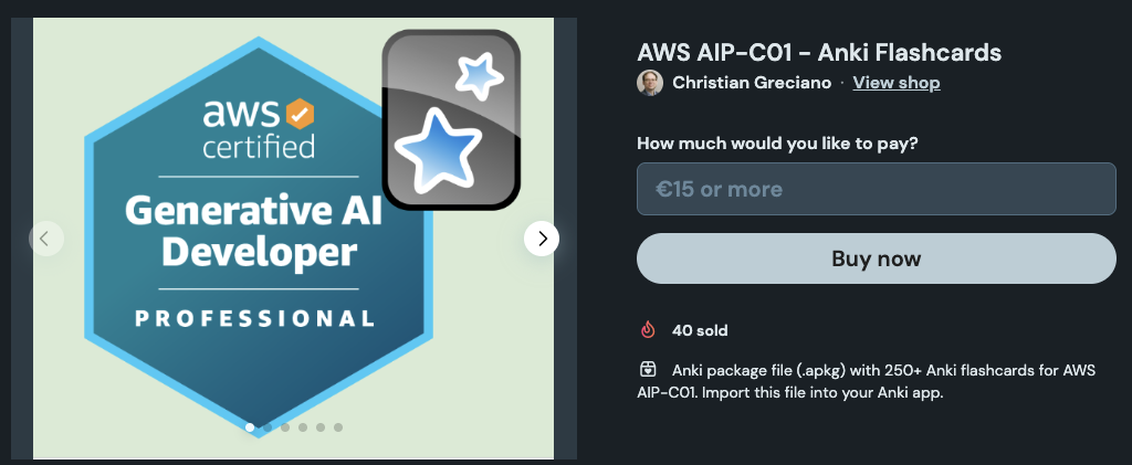Screenshot of my AIP-C01 Anki Flashcards in my Ko-Fi shop