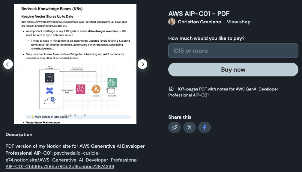 Screenshot of my AIP-C01 Study Notes PDF in my Ko-Fi shop