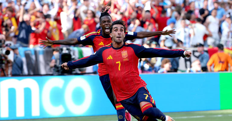 Ferran Torres of Spain celebrates scoring the decisive goal in the final match.