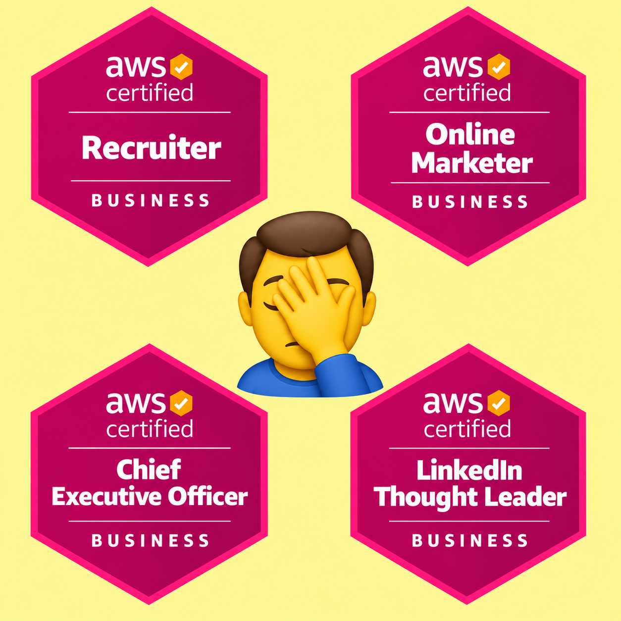 Parody logos of fake nonsensical AWS business certs (Recruiter, Online Marketer, CEO, LinkedIn thought leader)